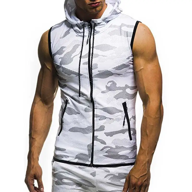 Male Summer Sweatshirt Men Slim Tank Top Camouflage Gyms Fitness Zipper Hooded Vest Sleeveless Hoodie Tops Tees MY078