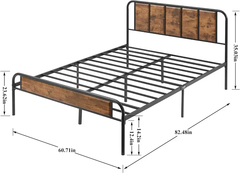 Queen Bed Frame Metal Platform with Wooden Headboard & Footboard Mattress Foundation Strong Metal Slats Support No Box Spring