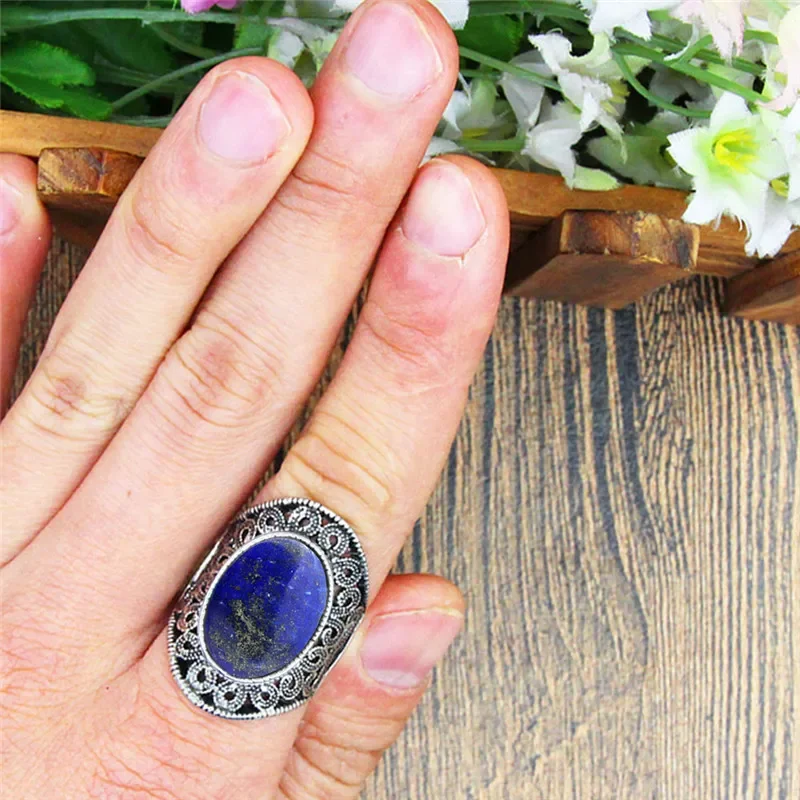 Oval Lapis Lazuli Rings For Women Natural Stone Flower Rings Vintage Antique Silver Plated Fashion Jewelry TR622