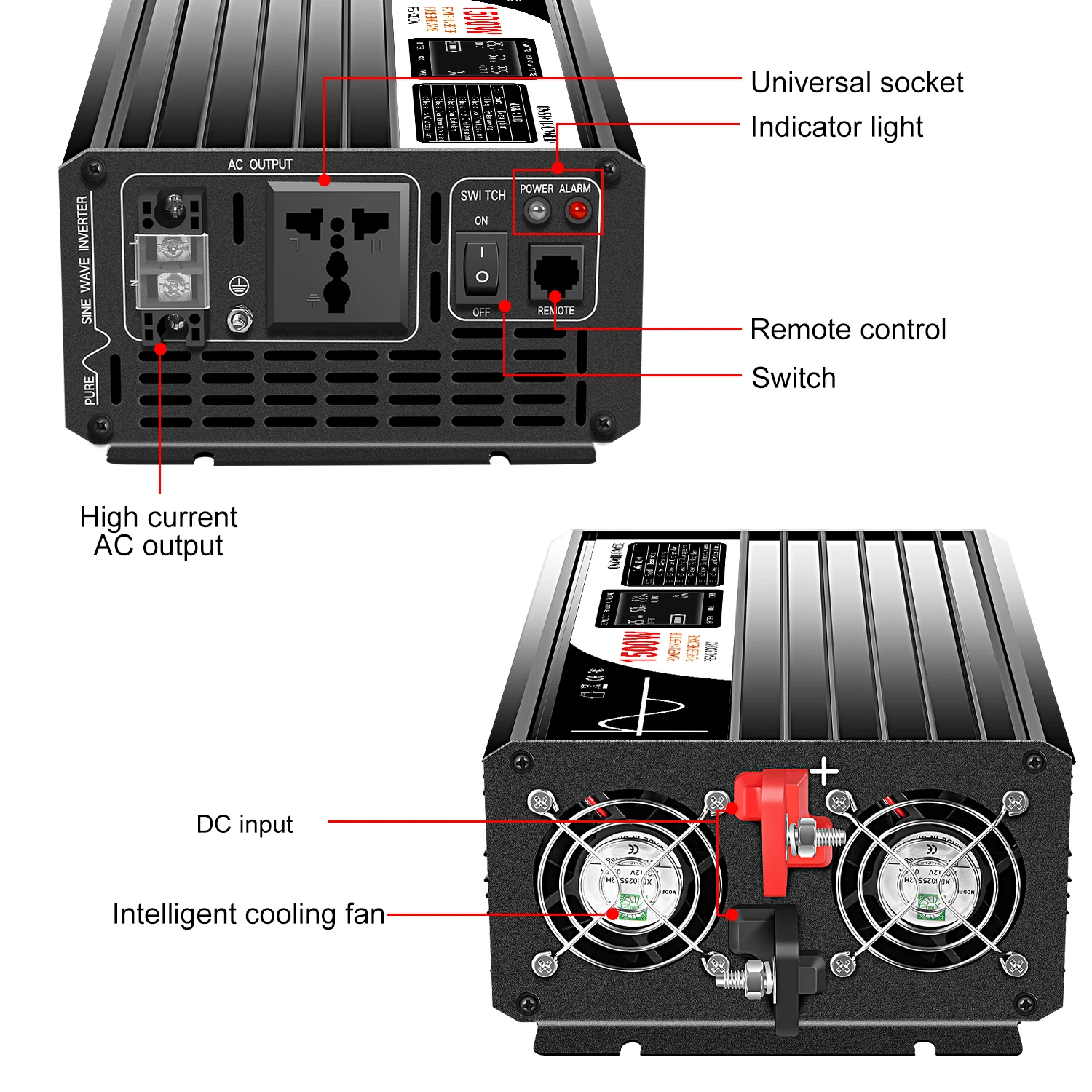 Imagem -02 - Inversor 12 v 220 v Onda Senoidal Pura Inversor de Energia Solar dc 24v 48v para ac 110v com Controle Remoto 1500w