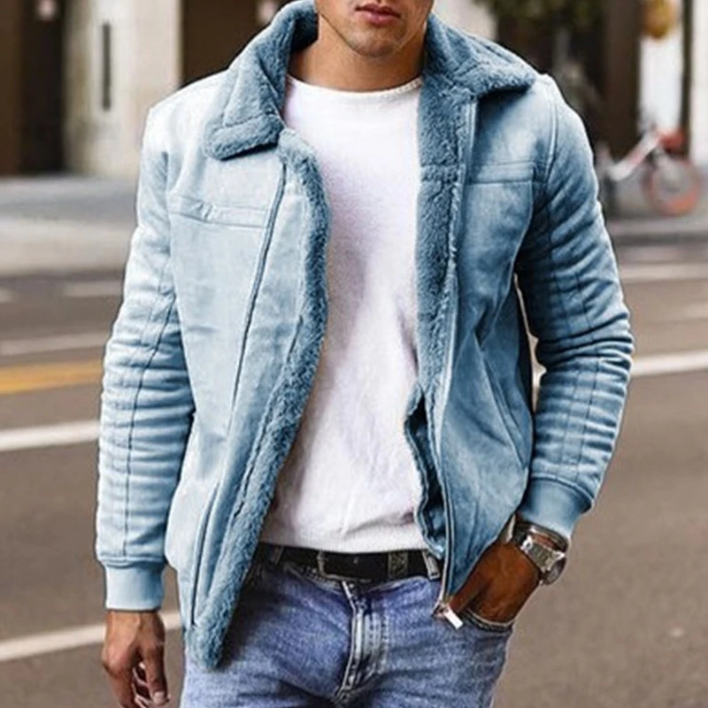 Casual Slim Fit solidna kolorowa wełna wewnętrzne męskie kurtki jesień zima Vintage skręcić w dół kołnierz płaszcze z zamkiem błyskawicznym mężczyzna nowa modna odzież wierzchnia