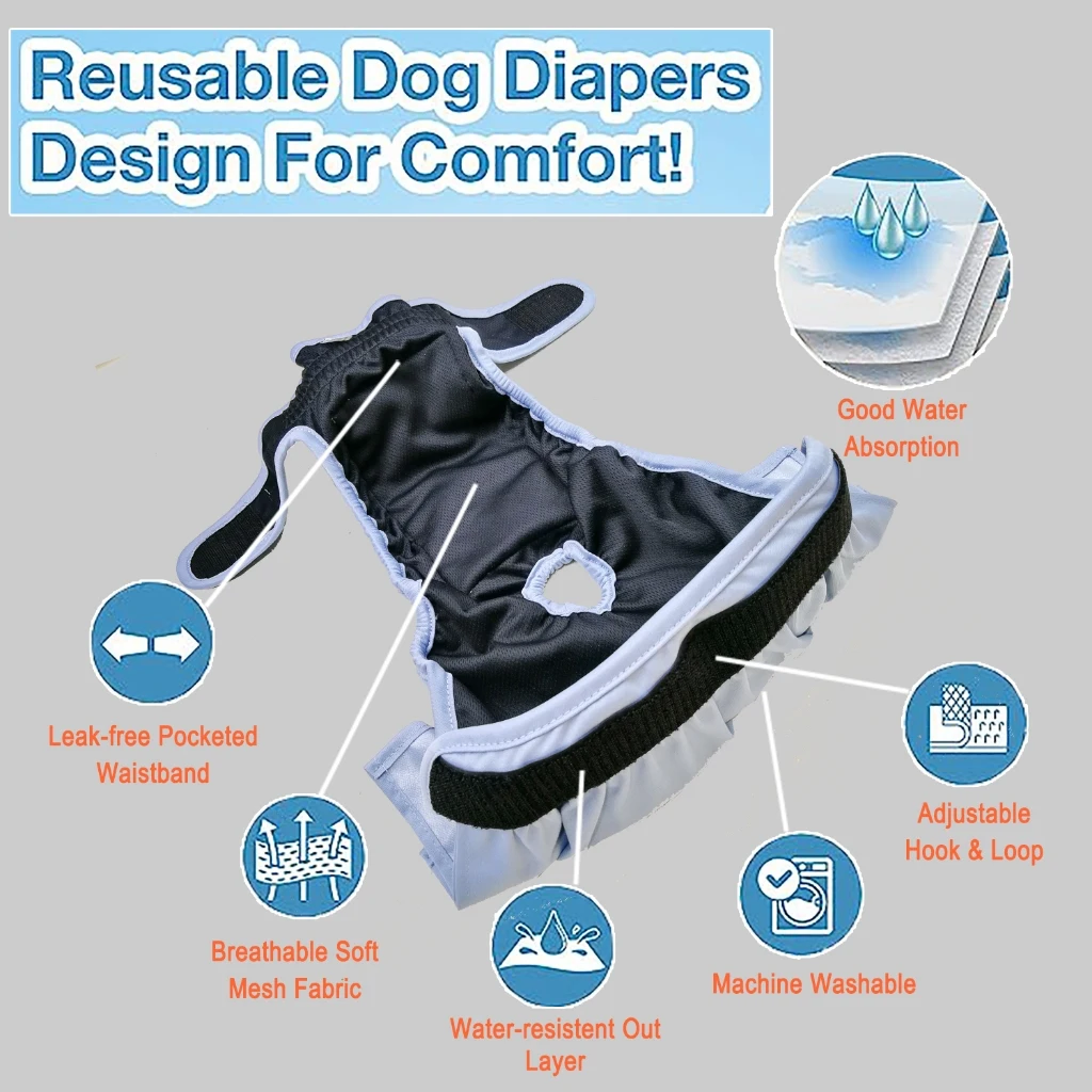 3pc Dog Diaper Pants Reusable Female Diaper Washable Wrap Pee Panty Clothes Costumes Cosplay Puppy Dog Period Menstrul Diaper fo