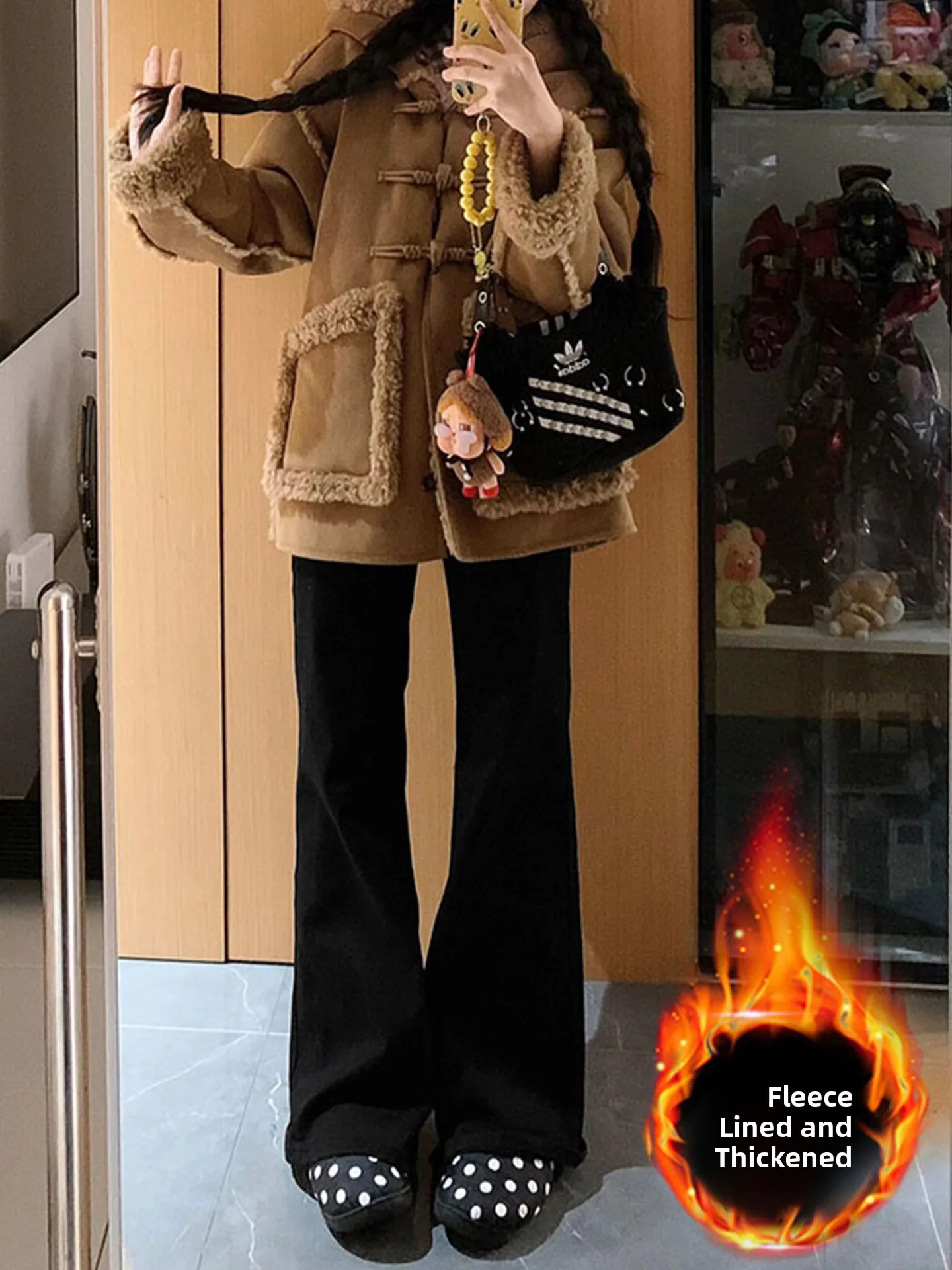 

Thiened Fce Wide Leg Bla Denim Jeans Women's Autumn Winter Slimming Slim Fit Small Size High Waist Bell Bot