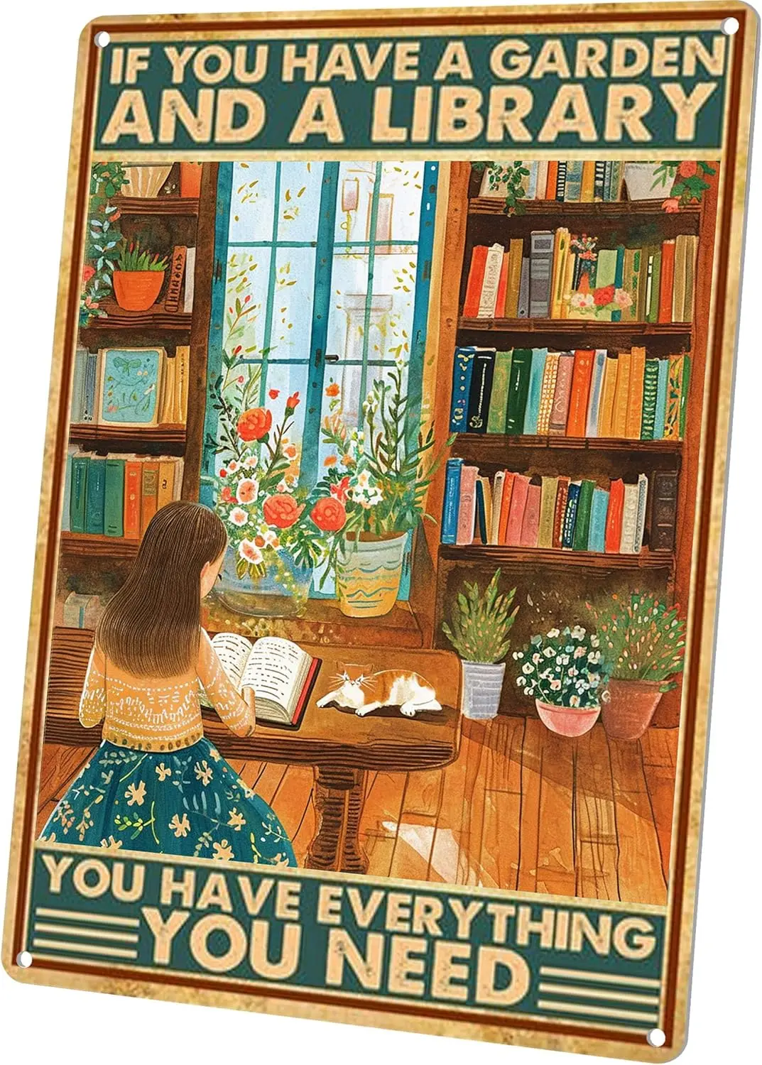 Vintage Garden Decor Reading Signs Positive Quotes Home Library Wall Art Book Poster - Have A Garden And A Library Is Have Every