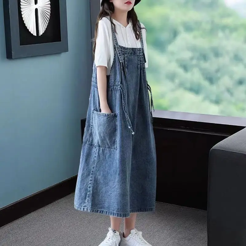 

Loose Slimming Sleeveless Suspenders Skirt Dress Women Age Reduction Plus-size Women's Suspenders Summer Vintage Denim Skirt