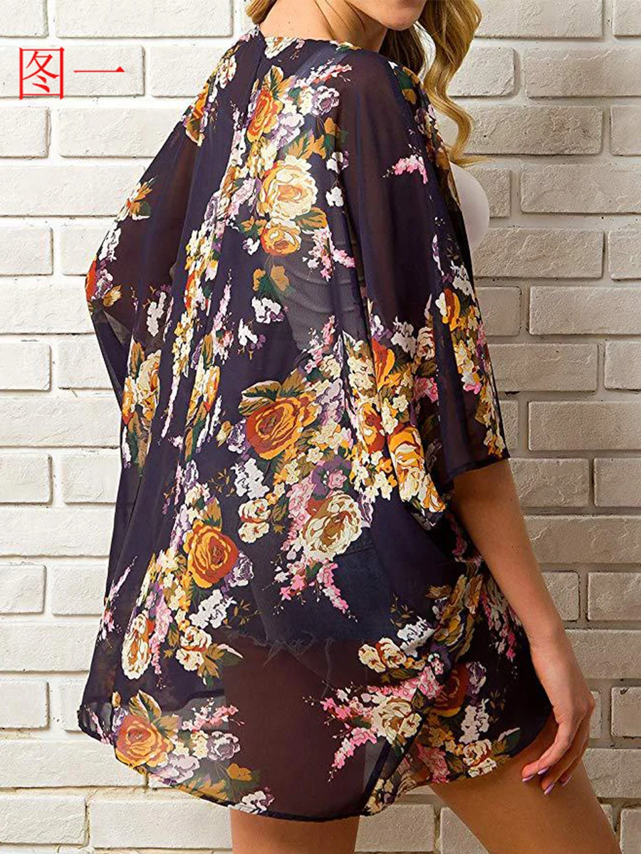 Fashion Printed Shawl Blouse Sun Protection Shirt Casual Cardigans Seaside Beach Poncho Chiffon Cape Shawl Beachwear Women Top