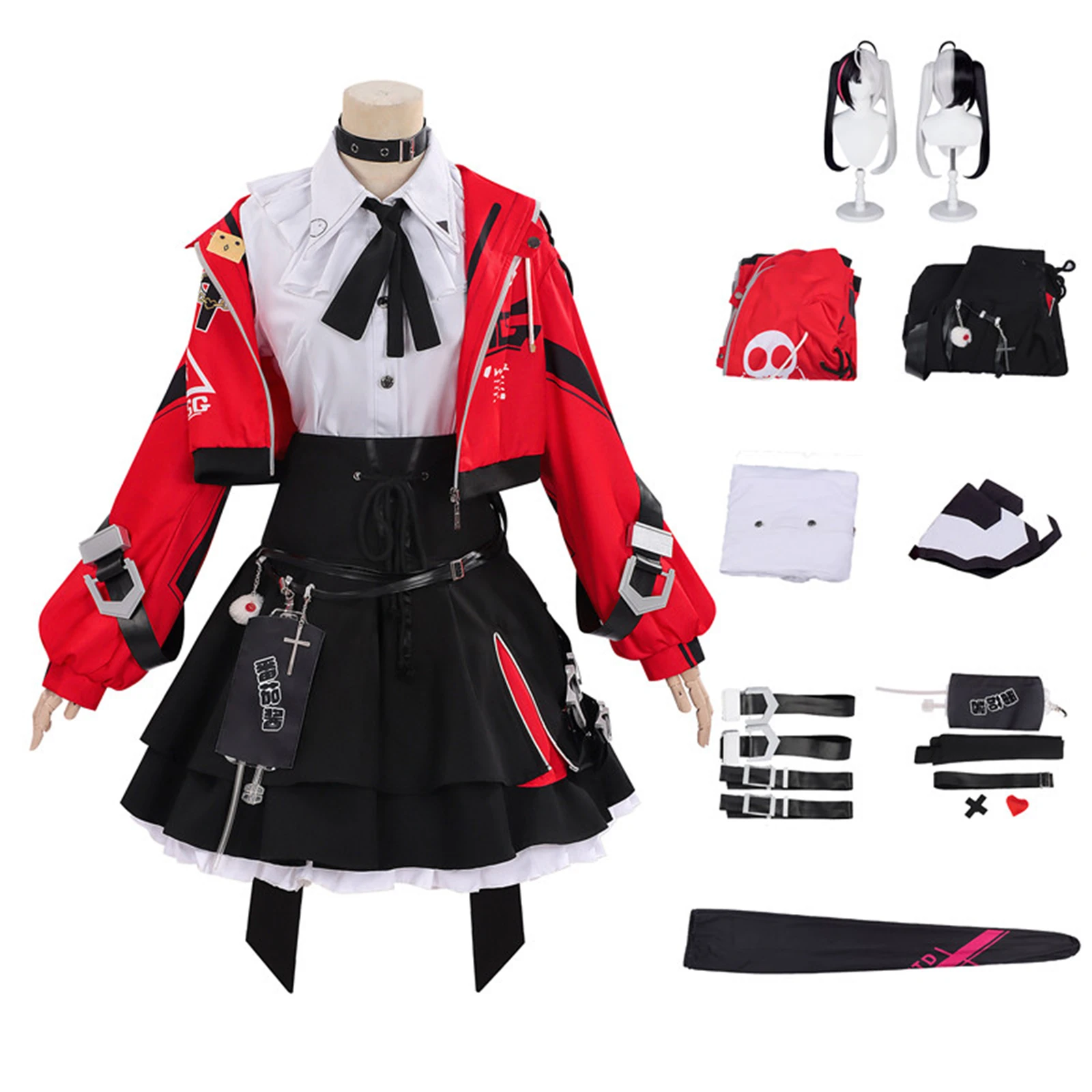 

Requiem for Espers Cosplay Costume Anime Lolita Uniform Red Black Jacket White Shirt Skirt Full Set with WIg for Halloween Party