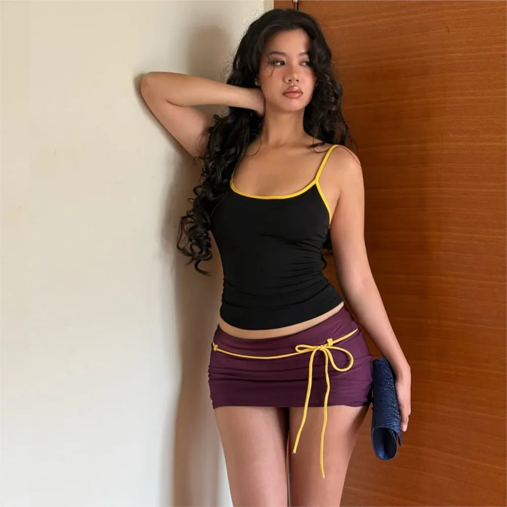 Summer Casual 2 Pieces Set For Woman Two Piece Outfits Women's Matching Sets Camis Hot Girl Style Contrast Package Hip Leace-up