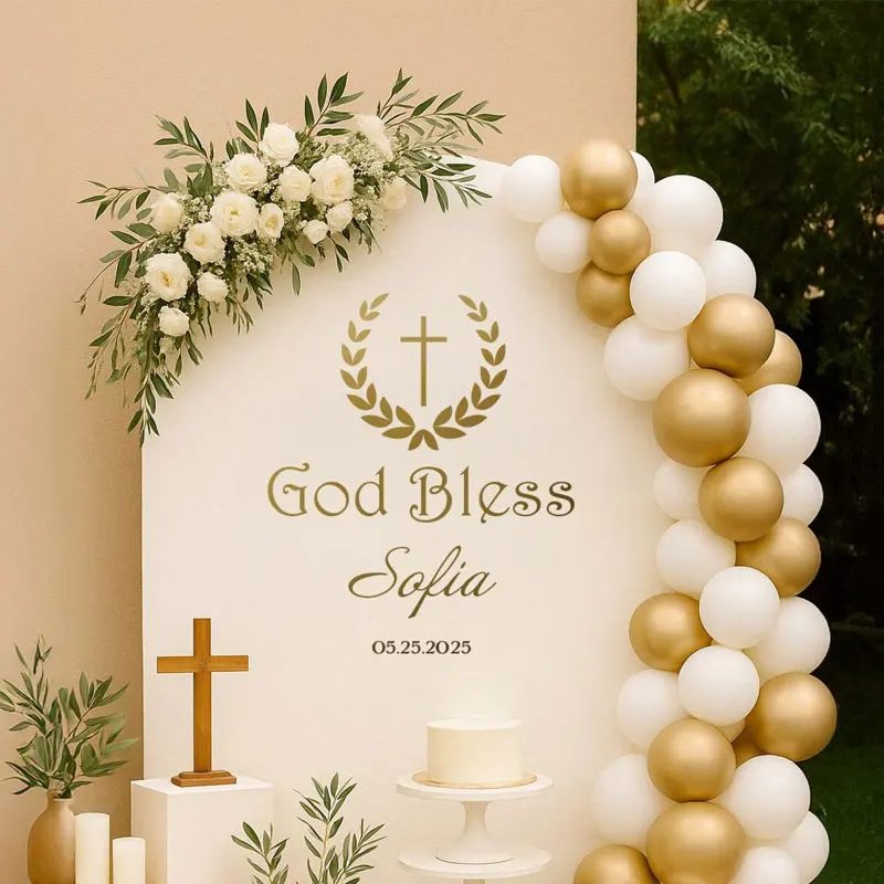 Baptism Decoration God Bless Vinyl Decal Custom Name First Communion Christening Party Sign Religious Celebration Decor Q155