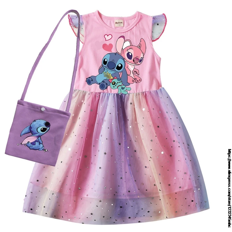 Lilo And Stitch Summer Girls Cotton T Shirt Patchwork Dress +Bag Children Girl Home Party Casual Clothes Dresses