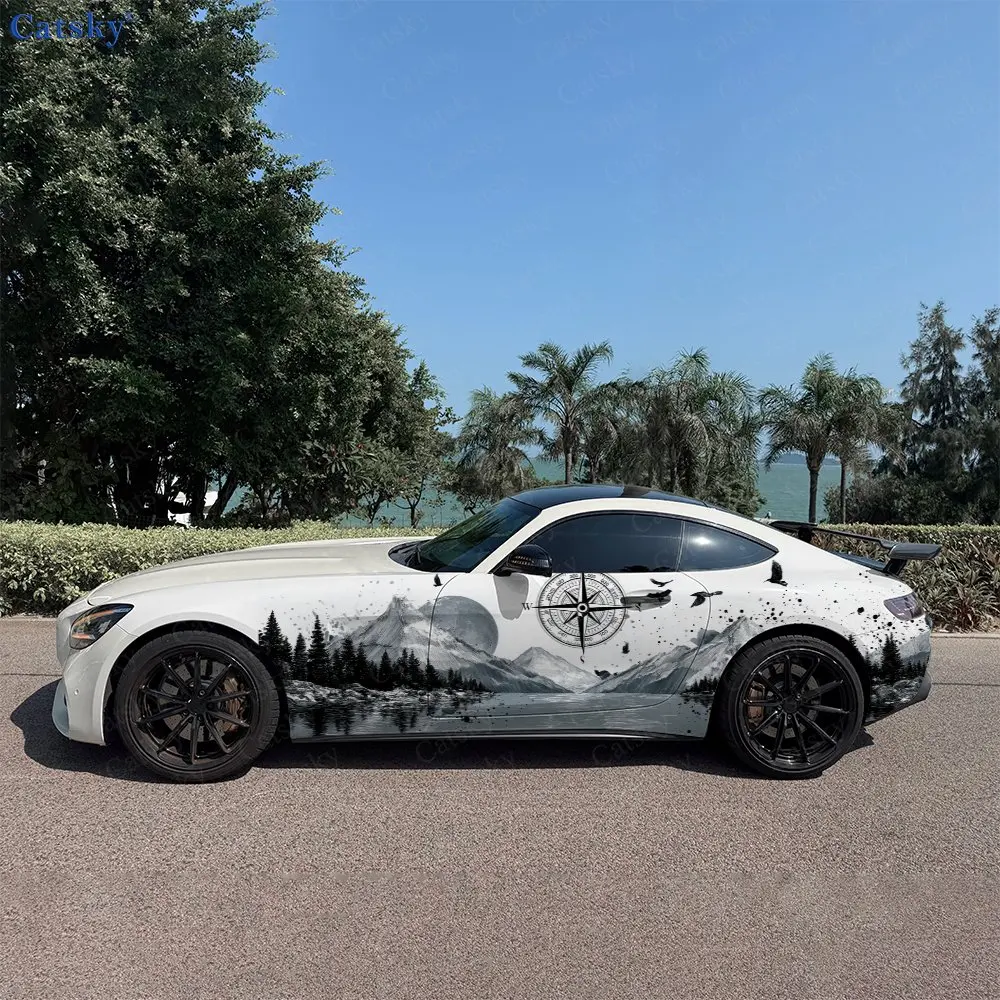 

Black Compass Mountain Peak Splash Car Side Wraps, Self-Adhesive PVC Waterproof & Scratch-Resistant Stickers, Car Accessory Gift