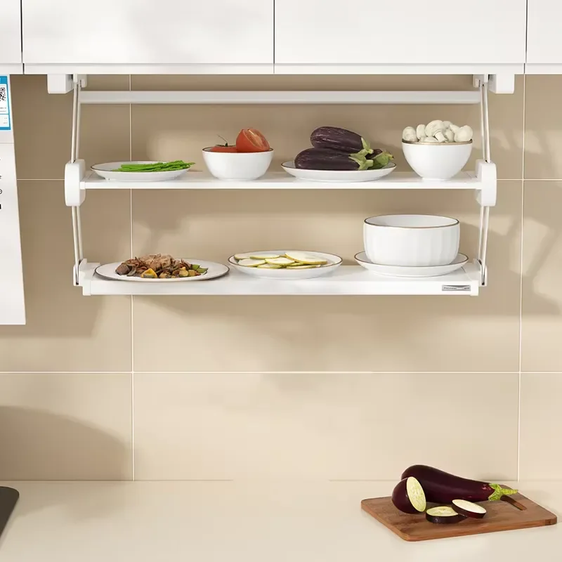 Kitchen Cabinet Foldable Shelf Pull-Down Adjustable Extensible Seasoning Bowl and Plate Storage Organizing Prep Rack