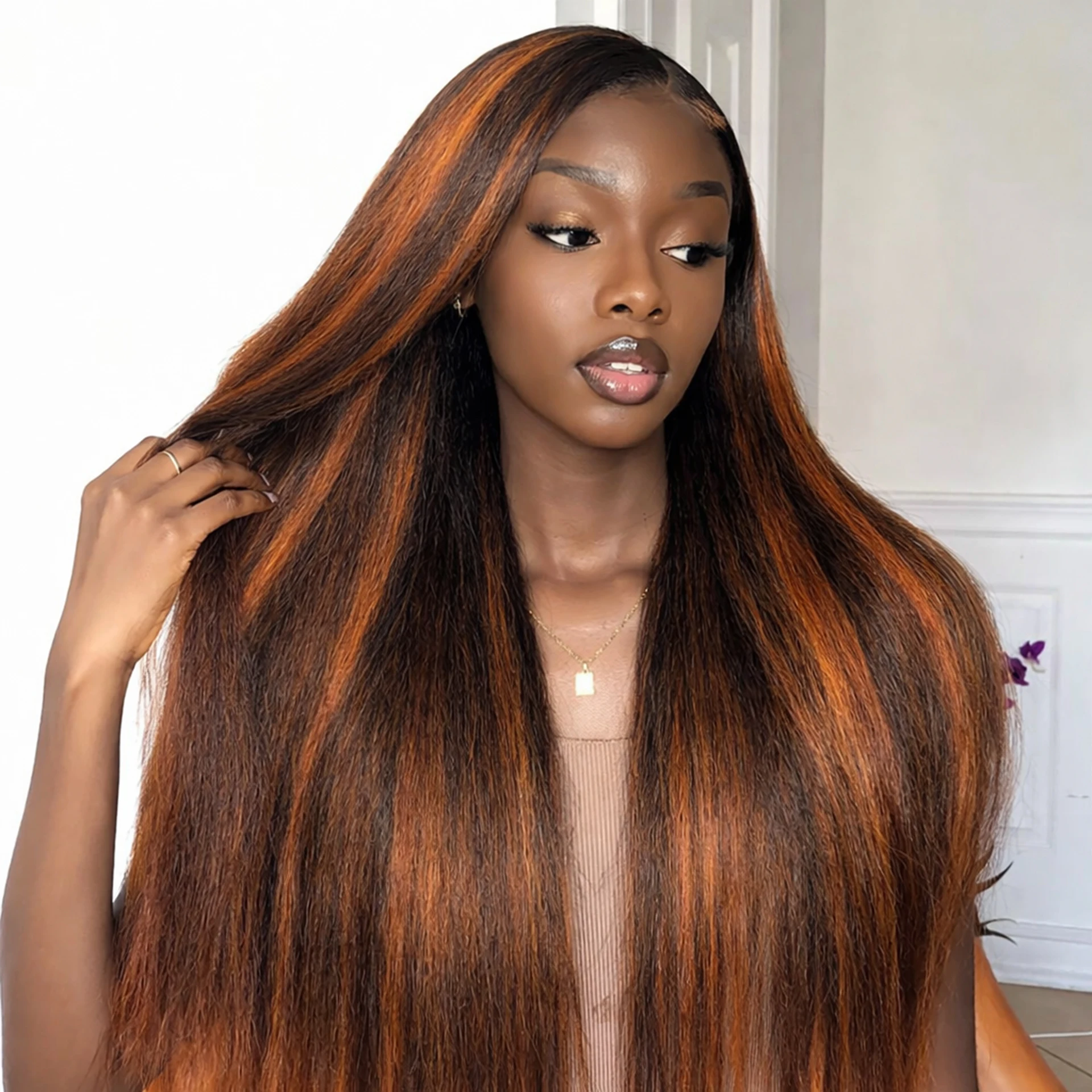 

Парик из натуральных волос Kinky Straight 4/350 Highlight, с кружевной вставкой 13x4, цвет имбирно-коричневый, с эффектом «пианино», парик из натуральных волос с HD-кружевом 5x5 для женщин