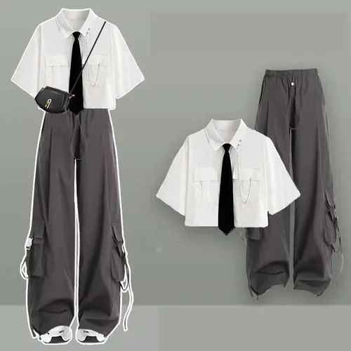 Imagen 2 del producto Conjunto de chándal informal a juego para niña, camisa de manga corta para Universidad coreana + pantalones Cargo deportivos de pierna ancha, traje de dos piezas, novedad de verano 2025