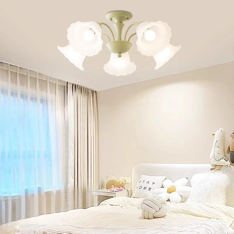 French Pastoral Green Forged Iron Ceiling Lights Lily of The Valley Glass Lampshade Living Room Bedroom Restaurant Hanging Lamps