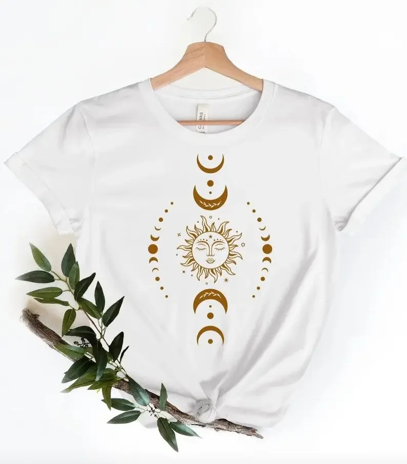 Sun Moon Stars Celestial Graphic One with the Boho Fashion Funny Graphic Cotton Women Tshirts Korean O Neck Casual Short Sleeve