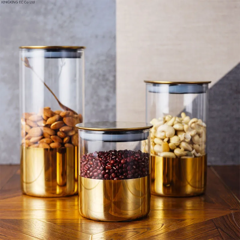 

Golden Transparent Glass Bottles, Candy Jars, Household Sealed Jars with Lids, Kitchen Food Storage Coffee Beans, Tea