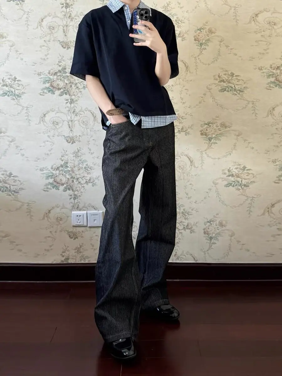 Washed Original Denim Men's Straight Leg Bell Bottoms American High Street Stripe Texture A-Line Wide Leg Versatile Long Trou...