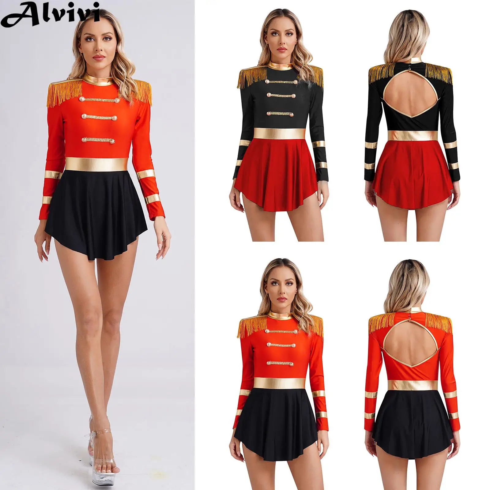 Women Long Sleeve Dance Leotard Dress Clubwear Circus Ringmaster Magician Costume for Halloween Carnival Theme Party Performance