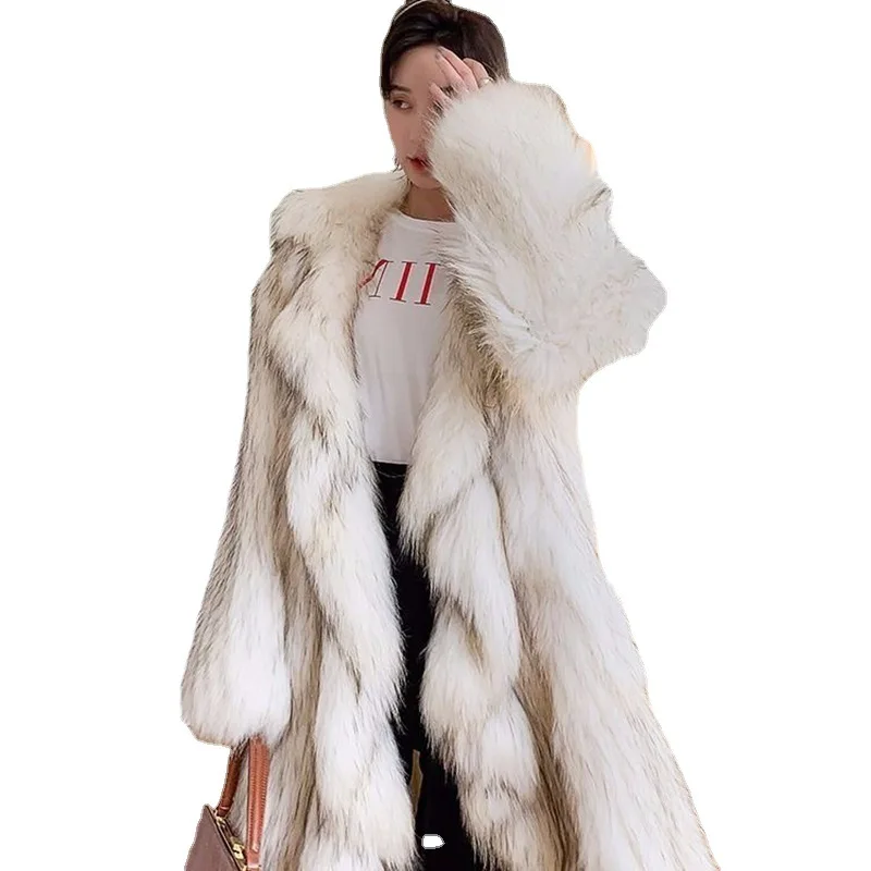 2022 Winter New Imitation Raccoon Fur Coat Long Warm Woven Fox Fur Light Luxury Fur Coat Women