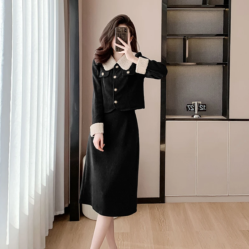 

Autumn Winter Corduroy Two-piece Set For Women Lambskin Splice Tops And Skirt Female Large Size Elegant Black Coffee Match Suits