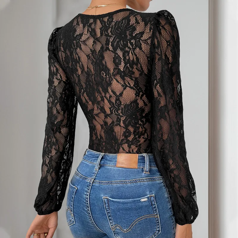 

2026 New Fashion Casual Retro Party Sexy Hollow V-Neck Lace Long Sleeved Black Jumpsuit