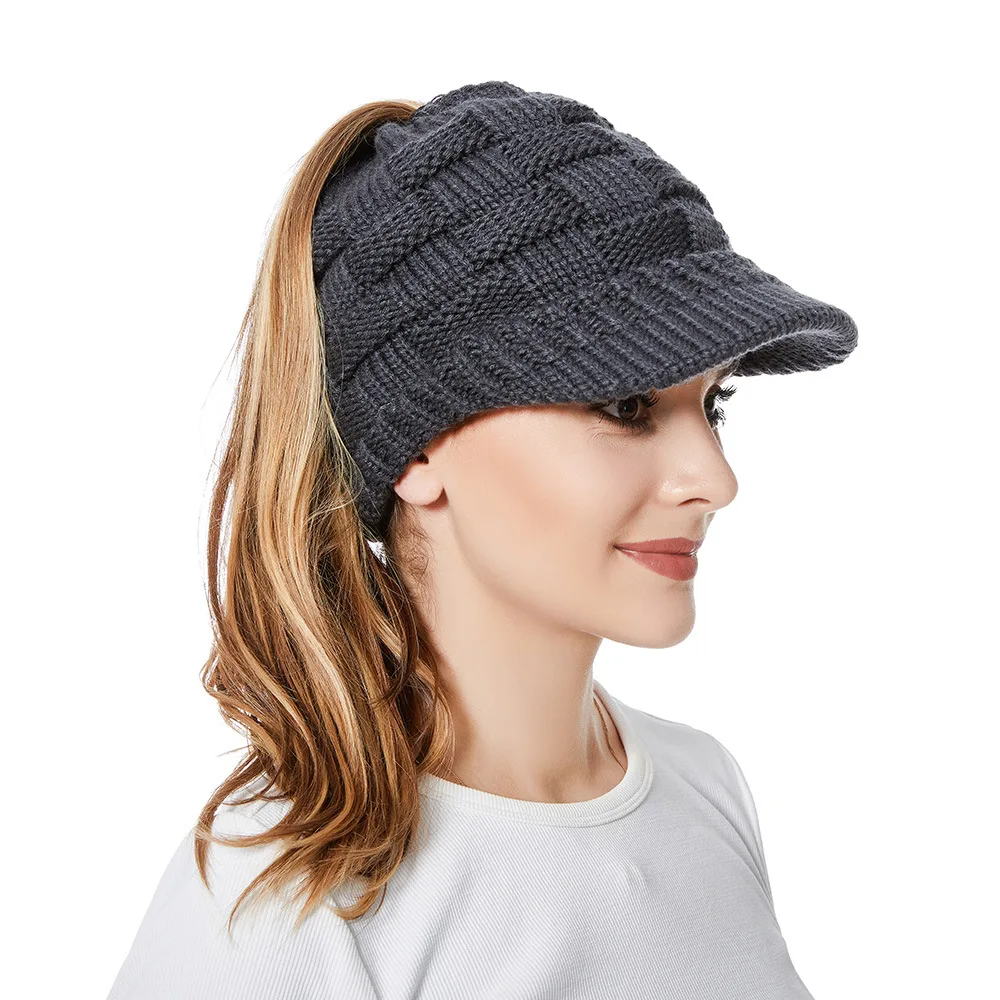 Autumn Hat European and American Wool Knitted Horsetail Baseball Cap Women's New Horsetail Braid Baseballcap Empty Top Caphat