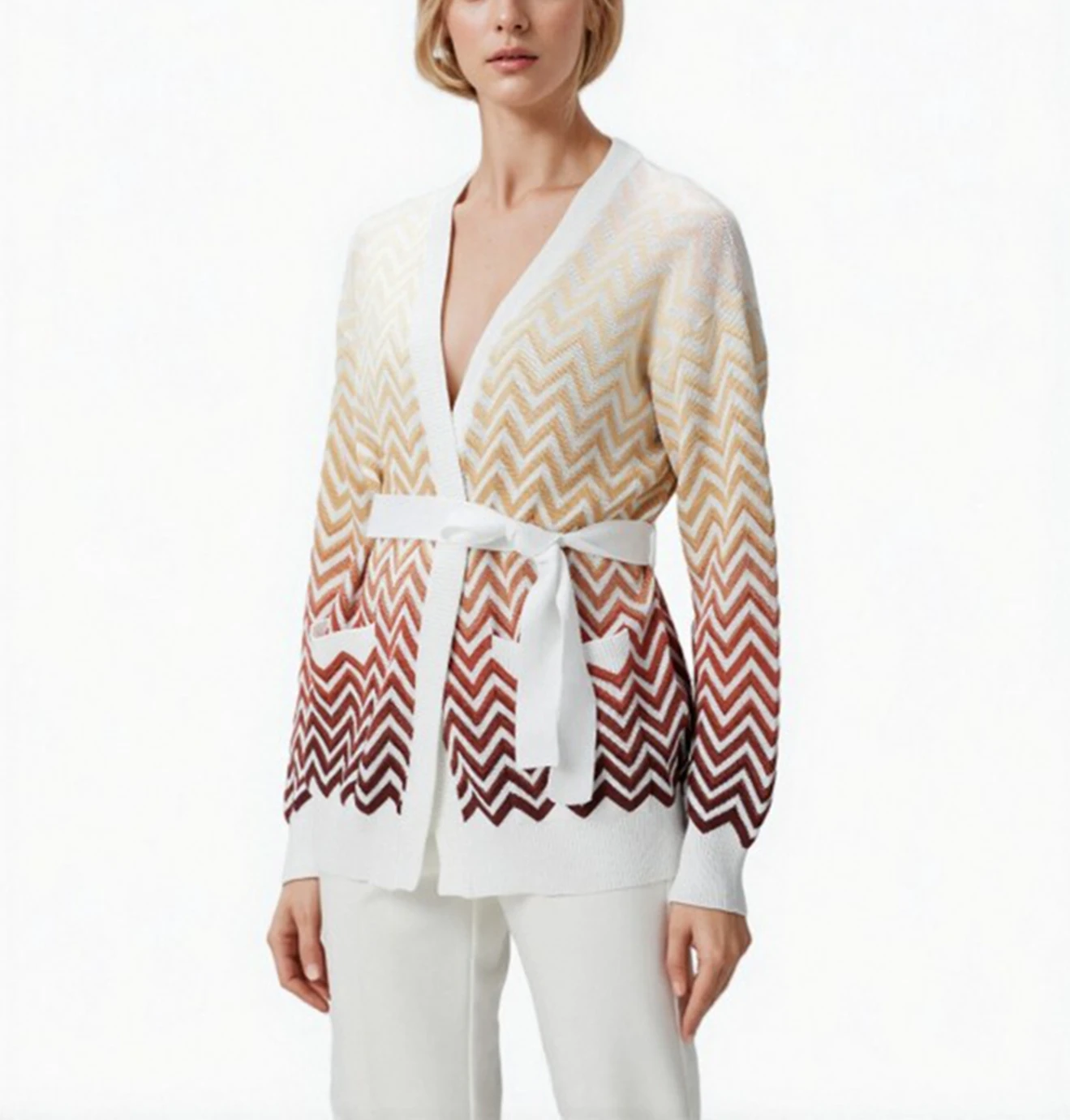 Italian Style High-Quality Elegant Lady V-Neck Long Sleeve Striped Knitted Open Cardigan Spring Autumn 2026 Fashion Outerwear