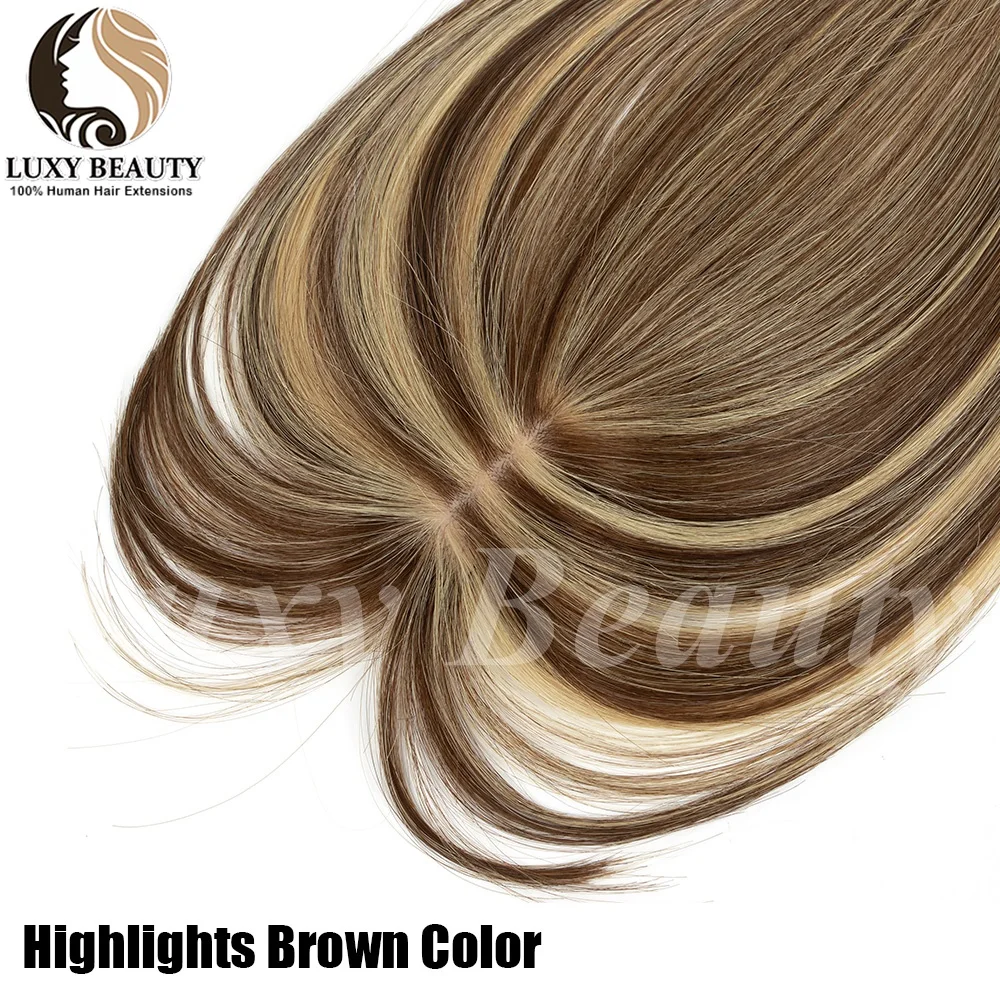 Highlights Brown Human Hair Topper With Bangs Women 5x9cm Natural Black Blonde Skin Scalp Clip in Topper Hair Pieces Human Hair