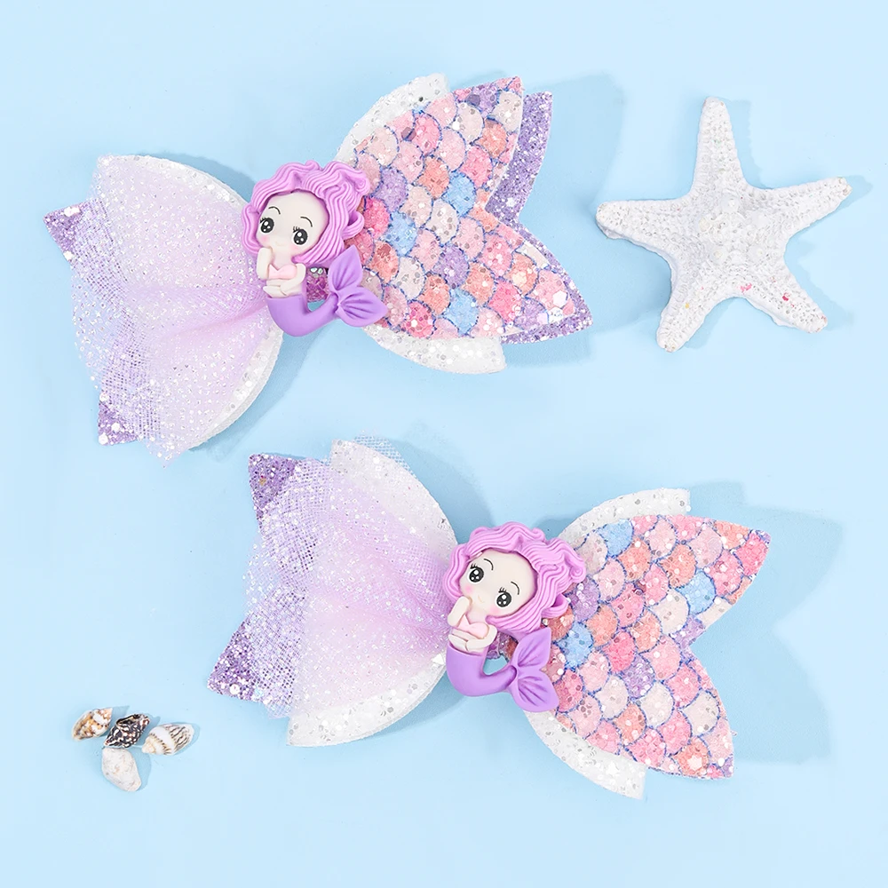 2 uds. Pinzas para el cabello de sirena de dibujos animados, horquilla con lazo brillante, pasador brillante para niñas y niños, tocado de playa de verano, accesorios para el cabello