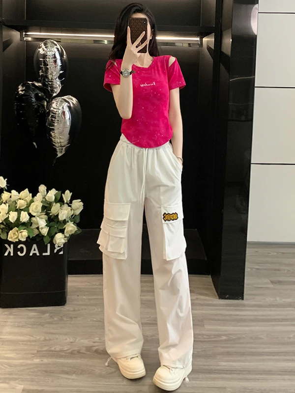 

Cool Spicy Casual Sports Set Women's Summer Fashionable Magenta Slim Fit Short Sleeve Top Workwear Pants Two Piece Set