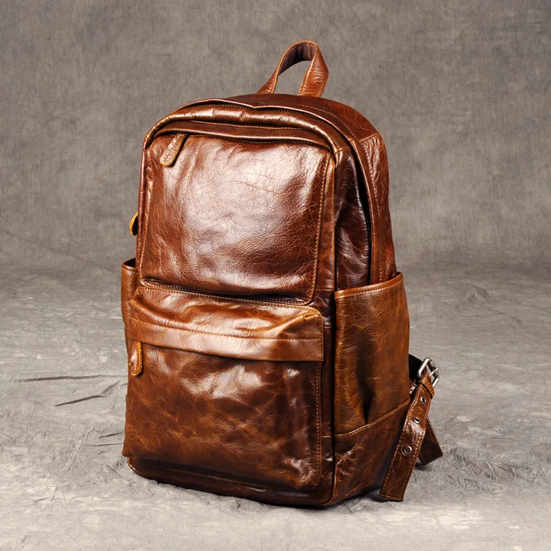 Shoulder Bag Men Genuine Leather Casual Laptop Bag Male Brown Travel Backpack New Retro Oil Wax Leather Trend Top Layer Leather