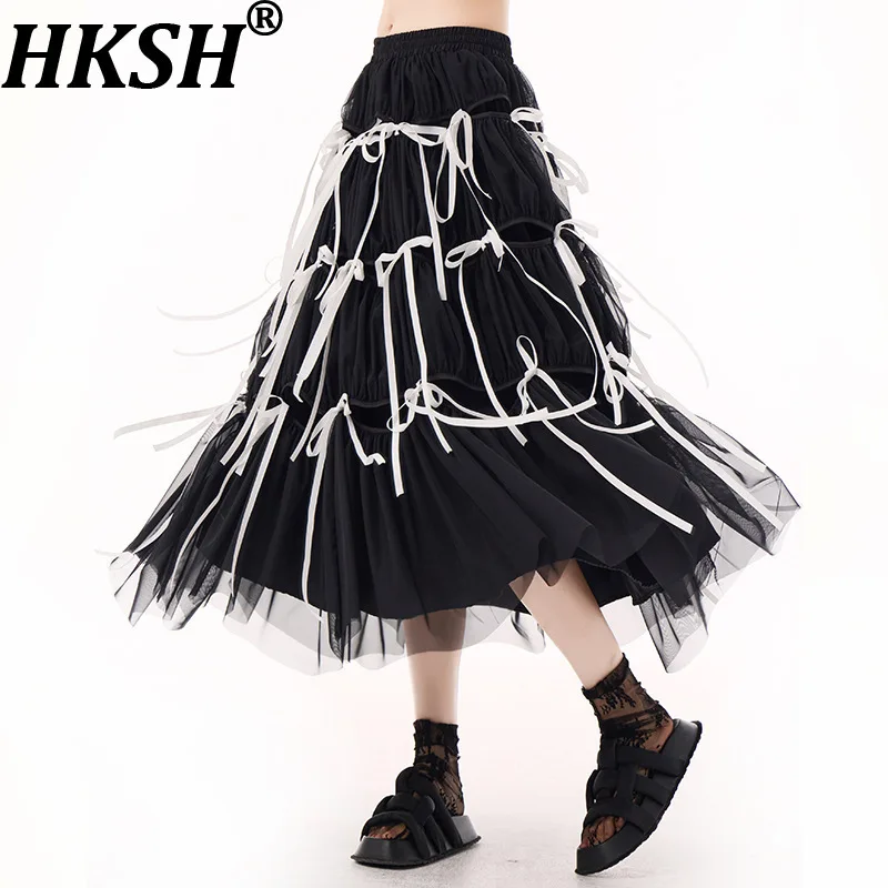 

HKSH Spring Autumn New Women's Skirt Elastic Waisted Bow Patchwork Mesh Pleated A-line Versatile Elegant Dark Y2K Skirts HK14928