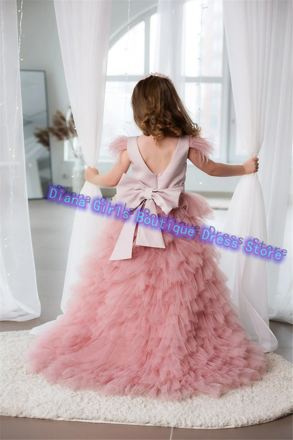 Lovely Flower Girl Dress Pink Tulle Puffy with Bow for Little Baby Princess Kids Wedding Birthday Party Ball Customise Gowns