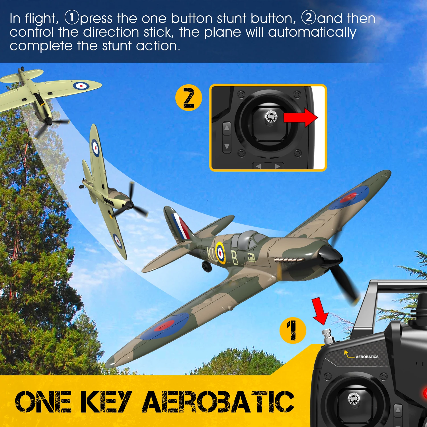 Spitfire RC Airplane 2.4G 4CH Remote Control Plane EPP 400mm Wingspan 6-Axis 761-12 Spitfire RC Warbird Mini Plane RTF