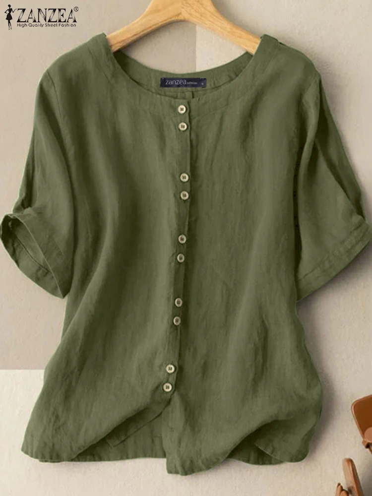 ZANZEA Summer Blouse Vintage Women Casual Loose Tunic Tops Solid Cotton Blusas O Neck Short Sleeve Shirt Buttons Down Chemise