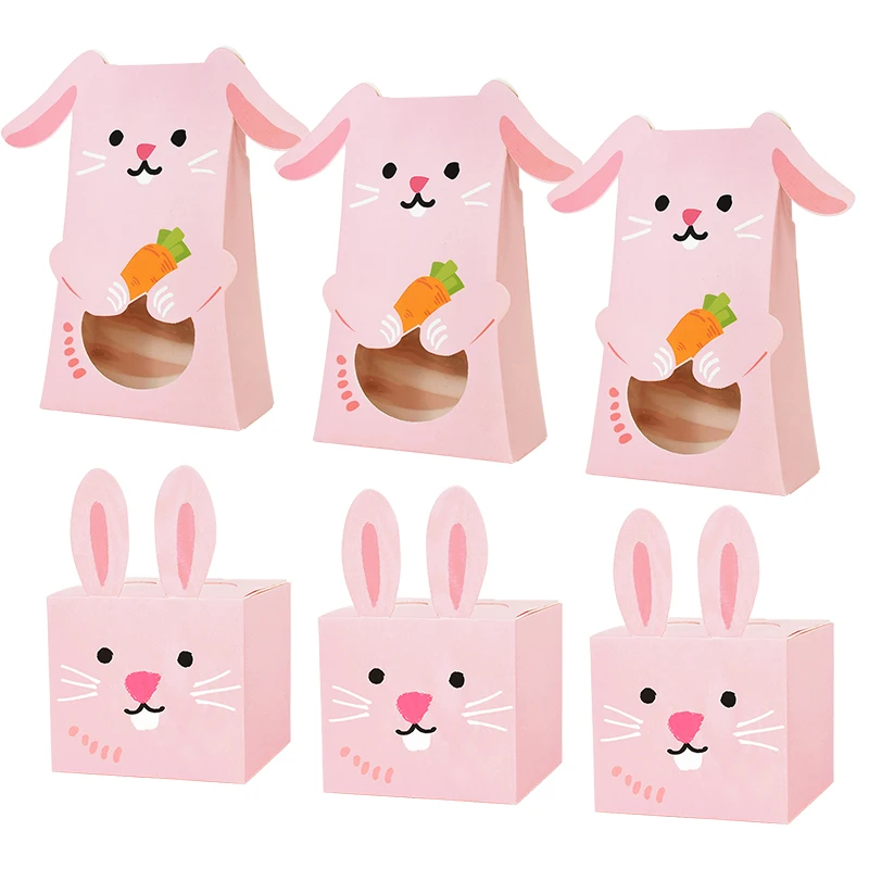 

6pcs Pink Rabbit Candy Gift Box Easter Party Supplies Cute Bunny Cookie Packaging Box Treat Bag Kids Birthday Favors Decoration