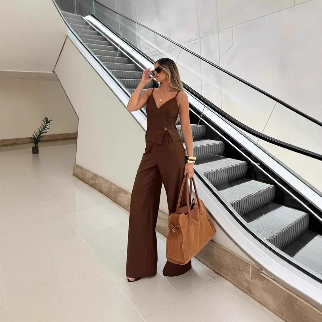 

Fashion Women's Brown V-Neck Suspender Split Top Wide Leg Pants Set Workplace Two-piece Set Women
