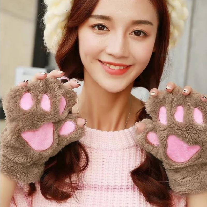 Women Cat Paw Gloves Mittens Women Cat Paws Gloves Keep Warm Soft Short Finger Girls Fashion Lovely Plush Paws Gloves ST2225