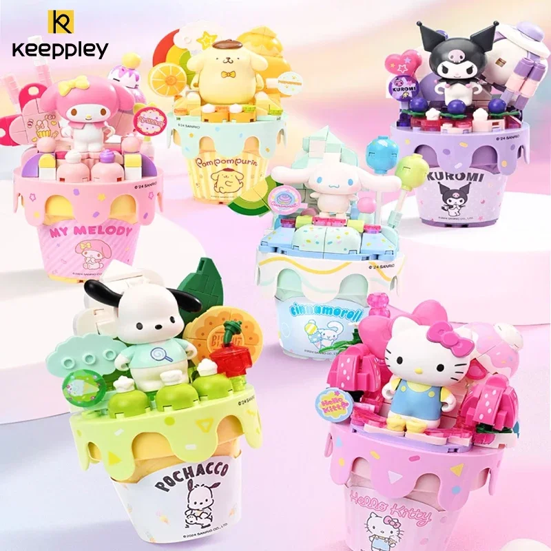 New Keeppley Sanrio Building Block Kuromi My Melody Hellokitty Cartoon Ice Cream Cake Decoration Model Children's Toys Girl Gift