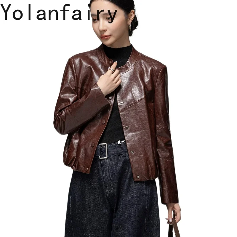 YOLANFAIRY Top Quality100% Real Sheepskin Coat Woman Short Elegant Genuine Leather Jacket Women Clothing O-neck jaqueta de couro