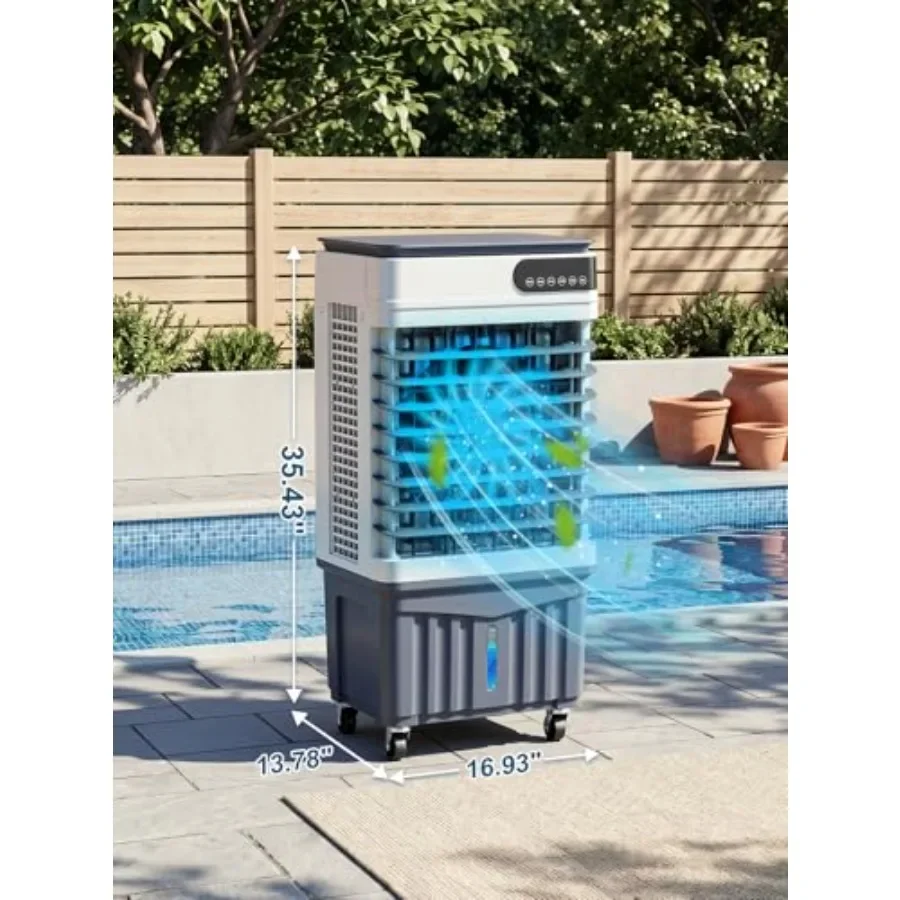 Swamp cooler for bedroom indoor use, plastic housing, gray color, 3400 CFM airflow with 13.5-gallon tank and 4 ice packs