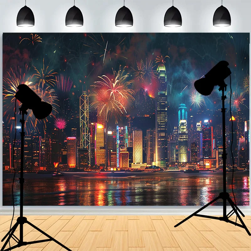 

Firework Show Cityscape Night Photography Backdrops Happy New Year Fireplace Christmas Day Family Party Photo Background XH-50