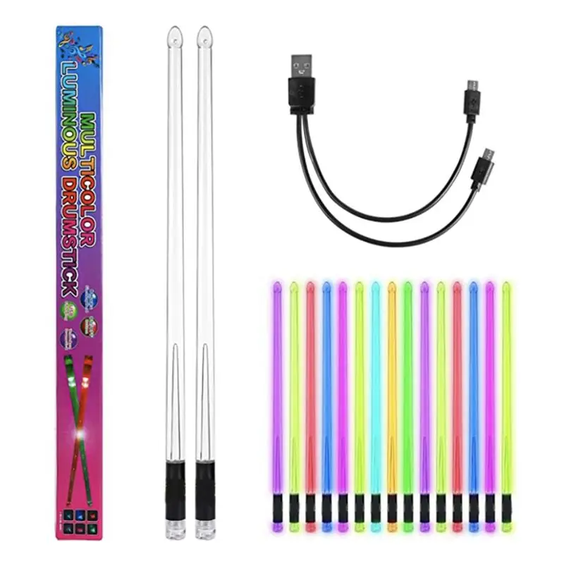 IN-A825U!LED Light Emitting Drumsticks 15 Colour Gradient USB Rechargeable+Switch Electronic Drumsticks for Stage Performance