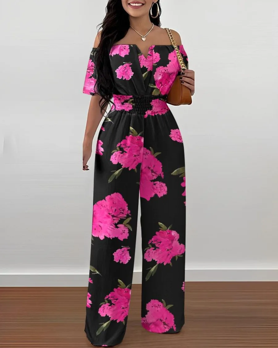 Rompers Jumpsuit Off Shoulder Shirred Waist Jumpsuits Summer 2025 Women Wide Leg Pants Playsuits High Waist Overalls Jumpsuits