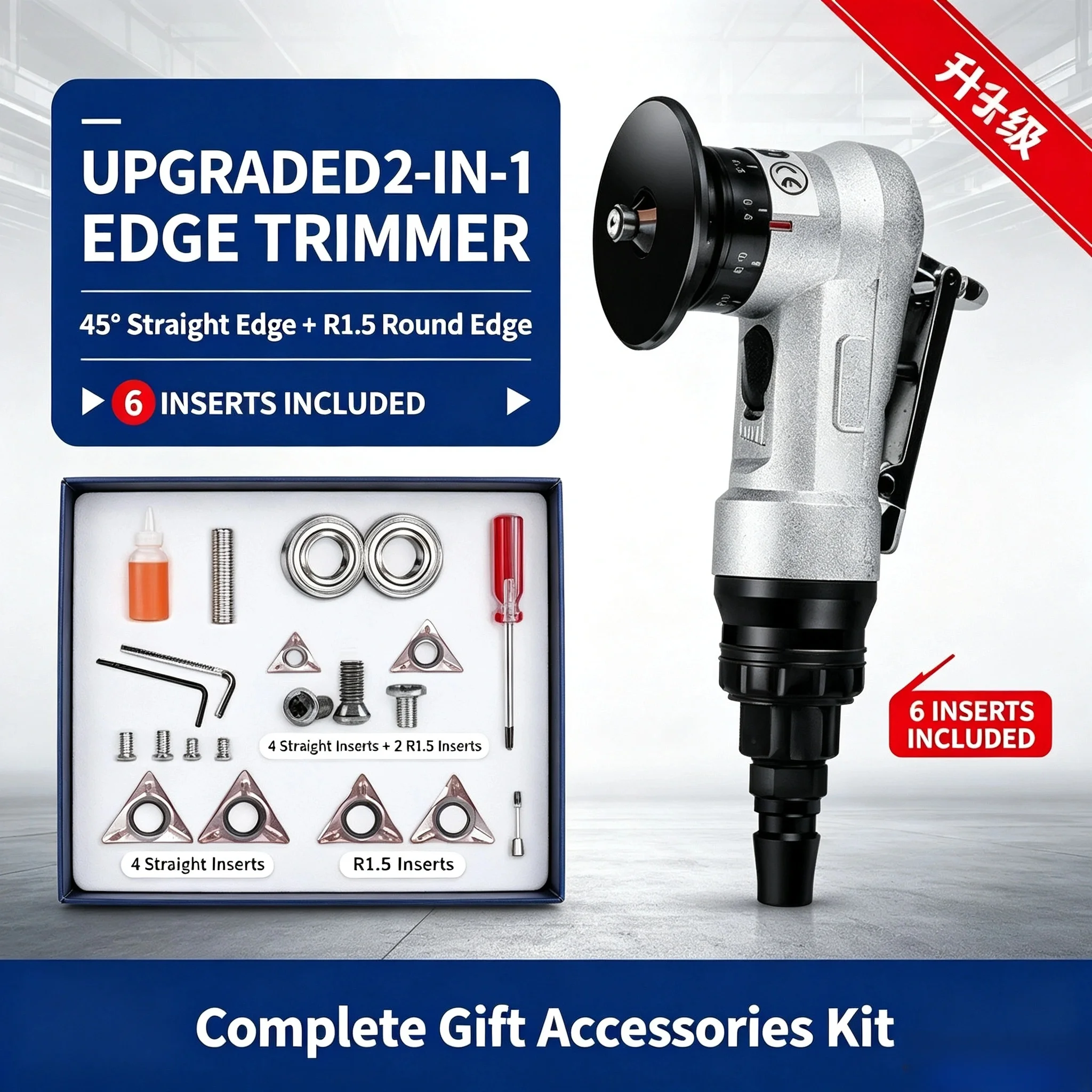 Upgraded Handheld Pneumatic Chamfer Machine 45° R1.5 Dual-Use Metal Edge Trimmer w/ Complete Accessories Kit