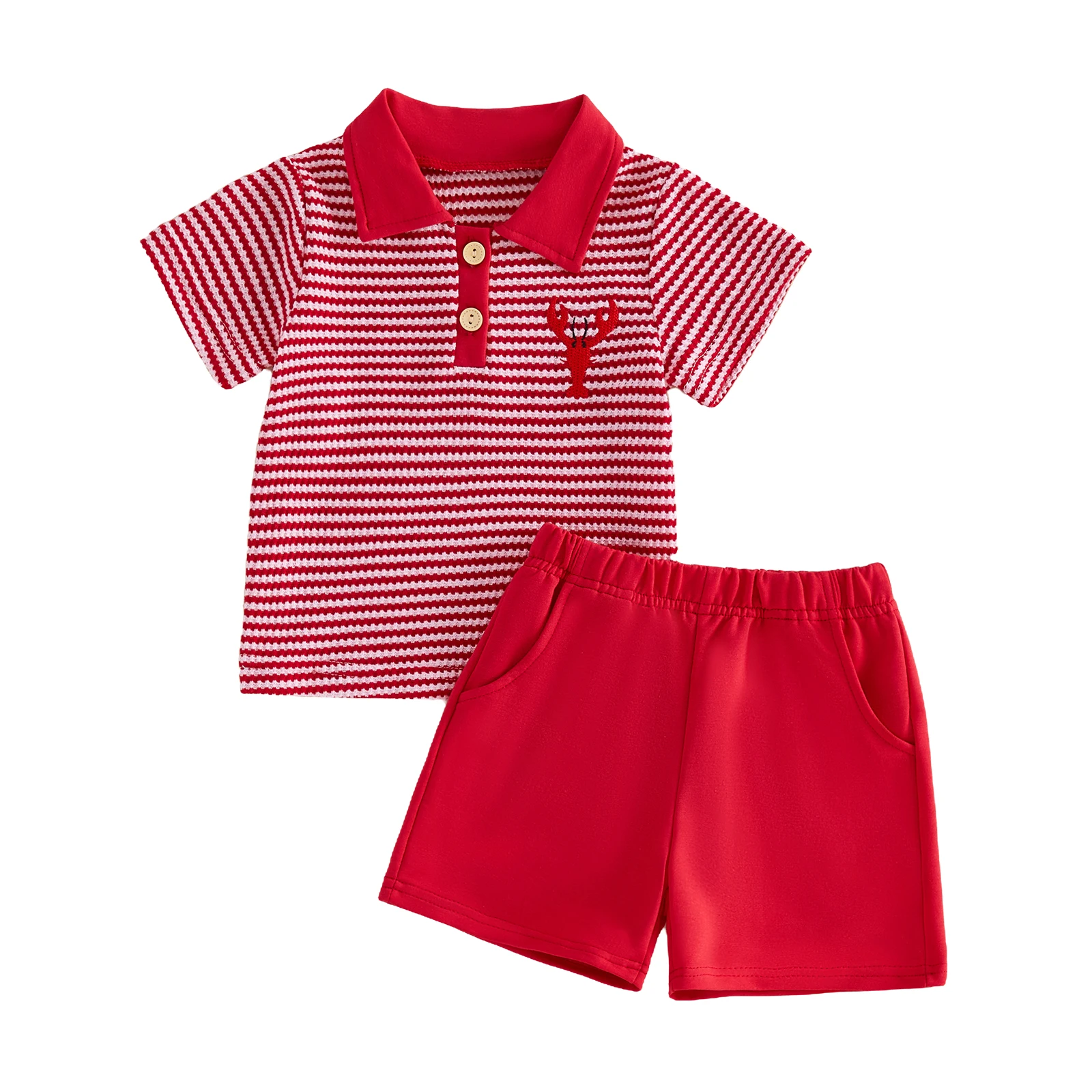 

Летние наряды для маленьких мальчиков: комплект из двух предметов одежды с вышивкой в виде раков, полосатой футболкой с короткими рукавами и эластичными шортами.