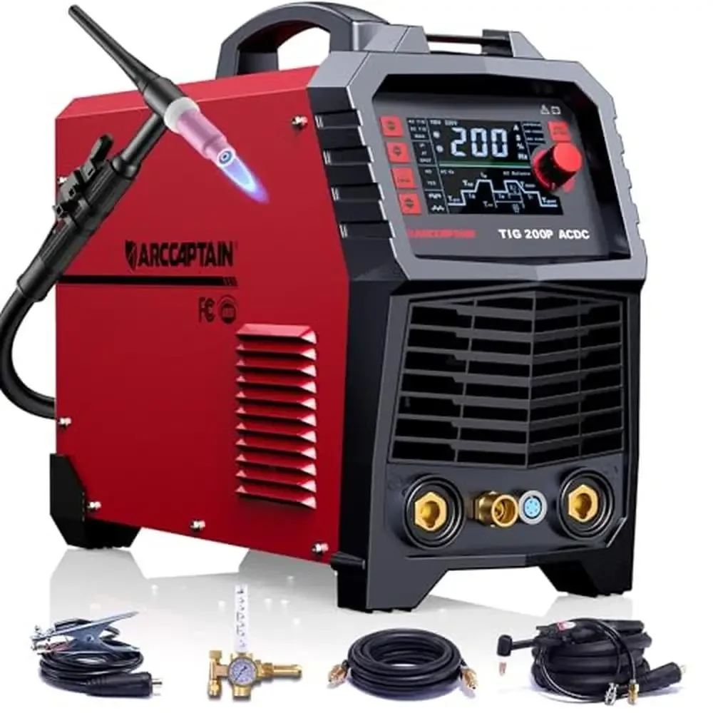 TIG Welder AC/DC 200Amp Pulse Aluminum 110V/220V Square Triangular Stick Spot 7-in-1 LED Screen Digital Control 5 Years