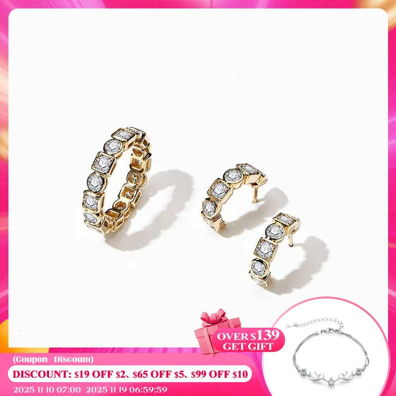 

ATTAGEMS Luxurly Real 925 Sterling Silver Moissanite Jewelry Sets for Women D Color Moissnaite Ring Earrings Engagement Jewelry