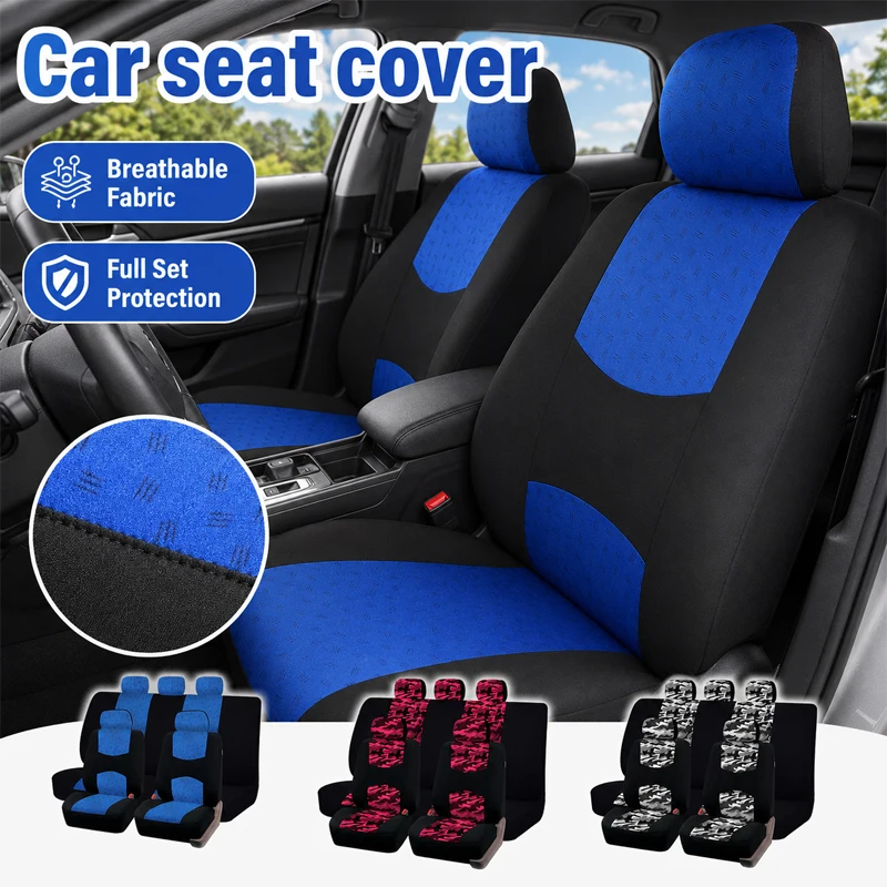 9Pcs Universal Car Seat Covers Jacquard Fabric Breathable Auto Seat Protector Cushion For 5‑Seat Sedan SUV Interior Accessories